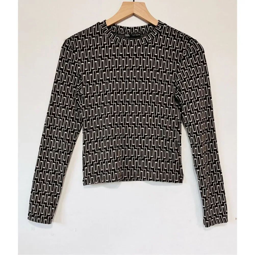 Zara Brown Geometric Print Long Sleeve Sweater Sz S